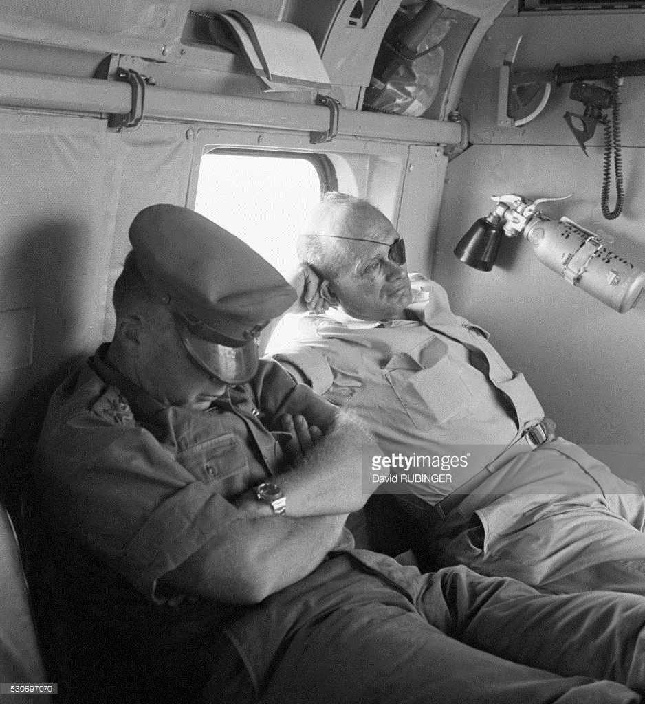 Defense Minister Moshe Dayan and Chief of Staff Yitzhak Rabin fly back from the battlefield on the day after the Six-Day War. June 12, 1967